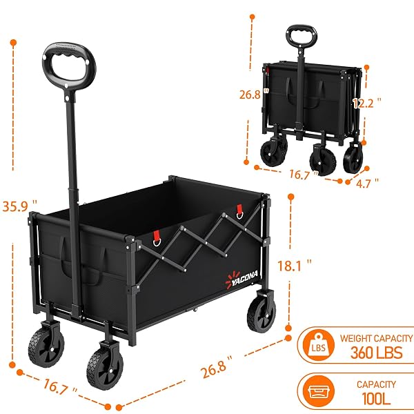 YOZOIA WAGONS CARTS FOLDABLE, LIGHTWEIGHT PORTABLE UTILITY SHOPPING CART WITH WHEELS, FOLDING GROCERY WAGON CART FOR GROCERY, CAMPING, SHOPPING, BEACH, GARDEN, SPORTS BLACK