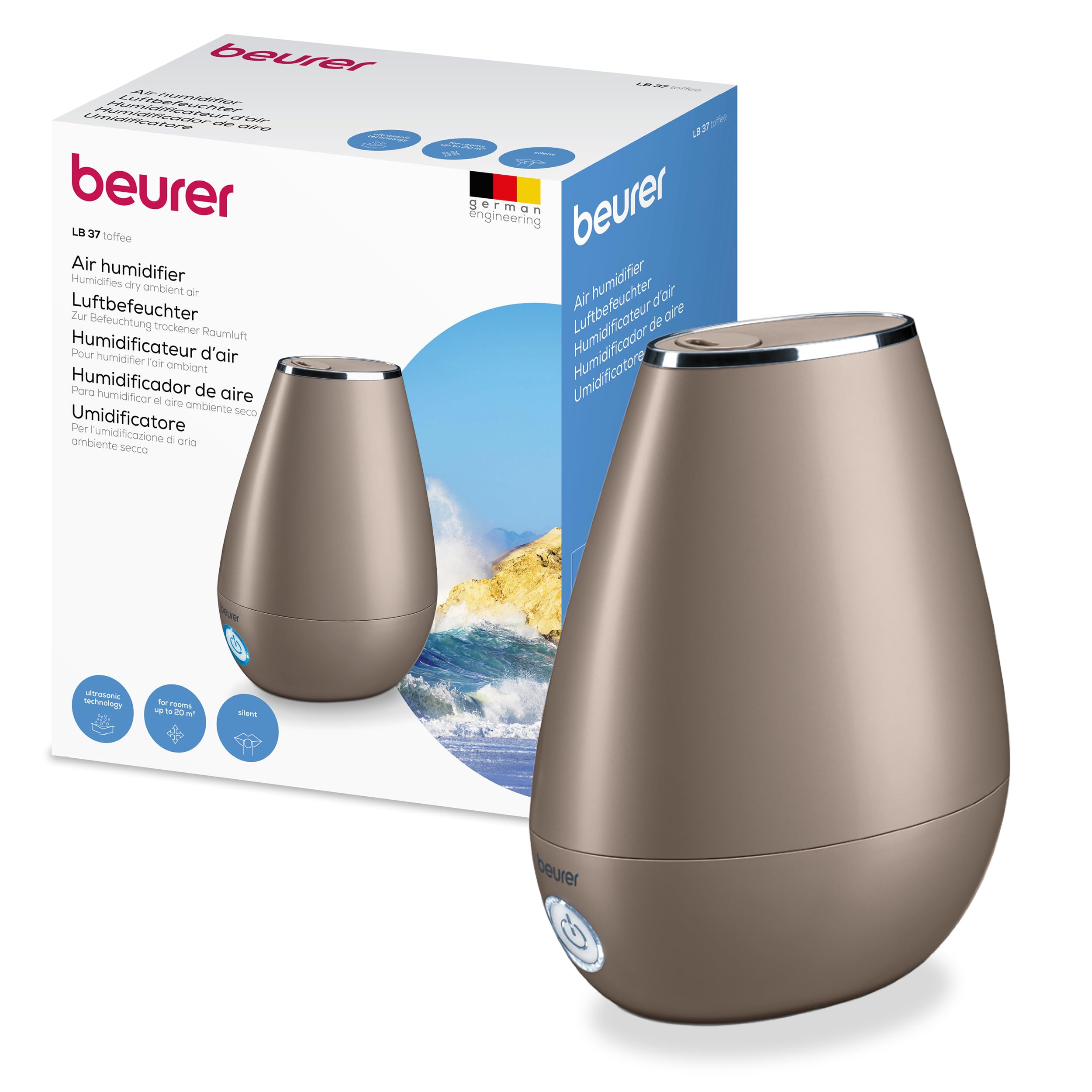 Beurer LB 37 Air humidifier with Ultrasound atomisation, Including Integrated Aroma Diffuser, humidifier with Quiet Night Mode for the Bedroom, 2L Tank for Rooms up to 20 m², Toffee