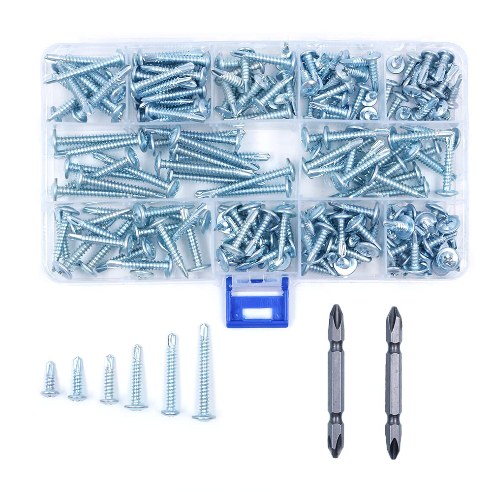 Box of 210 Pieces ZONADAH M4.2 Self Drilling Tek Screws with Driver Bits Kit for Metal in 11 Sizes, Carbon Steel Zinc Plated Pan Head, Truss Head Self Driller
