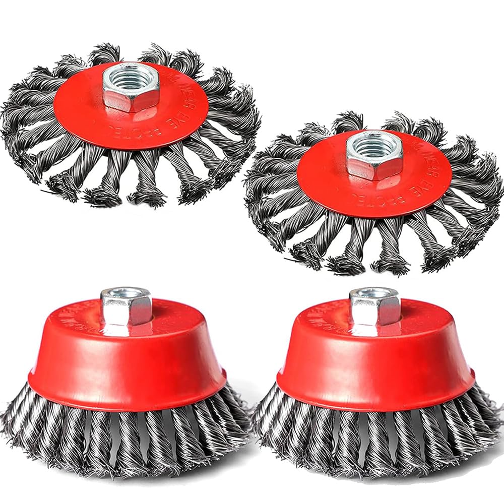 Wire Wheel Cup Brush Set for Grinder, 4 Pack Wire Wheels for 4 1/2 Angle Grinder M14 Threaded Arbor-Coarse Crimped Twisted Knotted Cup Brush for Heavy Cleaning Rust Stripping