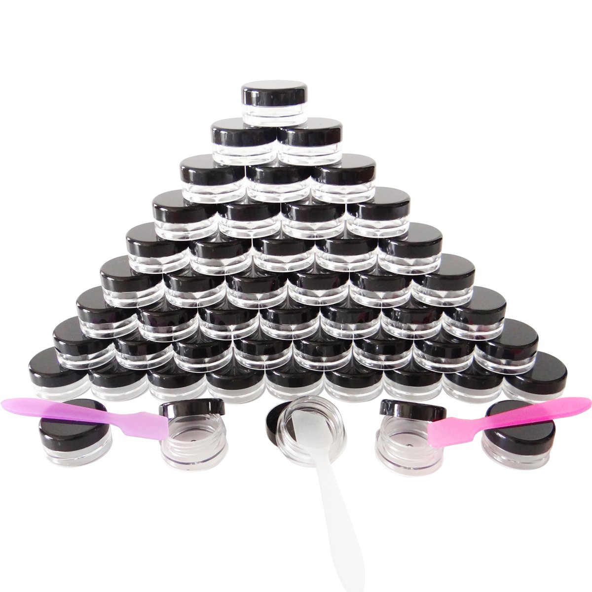 Wopanxye 50 Pack 5g Makeup Sample Jars, 5ml Empty Small Cosmetic Containers, BPA Free, Plastic Round Pot Black Screw Cap Lid, Tiny 5 Gram Bottle for Makeup Eye-shadow Cream Bath Lotion Lip Gloss Balm
