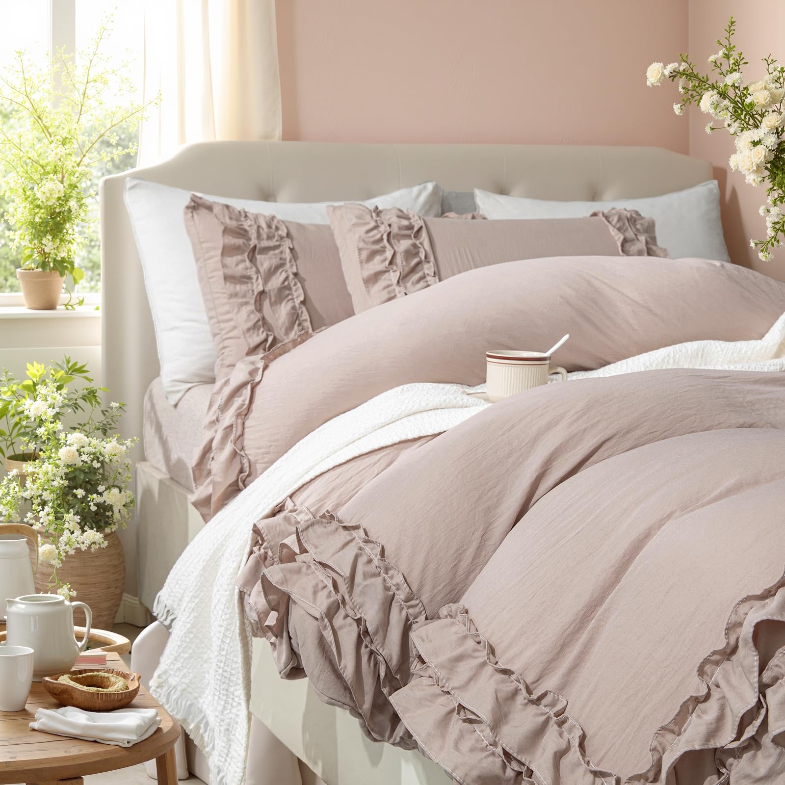 Photo 1 of Bedorm Taupe Duvet Cover Set Queen Ruffle Bedding Set Pleat Ruffled Shabby Chic Comforter Cover Extra Soft & Easy Care Boho Duvet Cover with Zipper Closure