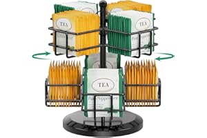 EsLuker.ly Tea Bag Holder Organizer for Counter 2 Tier Metal Tea Bag Storage Rack, Spinning Carousel Tea Packet Display Stand