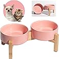 Elevated Ceramic Dog Bowl Set - Raised Dog Bowls with Non-Slip Bamboo Stand - Dog Food and Water Bowl Set - Double Dog Feeding Bowls - Pet Dishes for Cats and Small Dogs - 16.23 OZ - 2 Cups - 480 ML