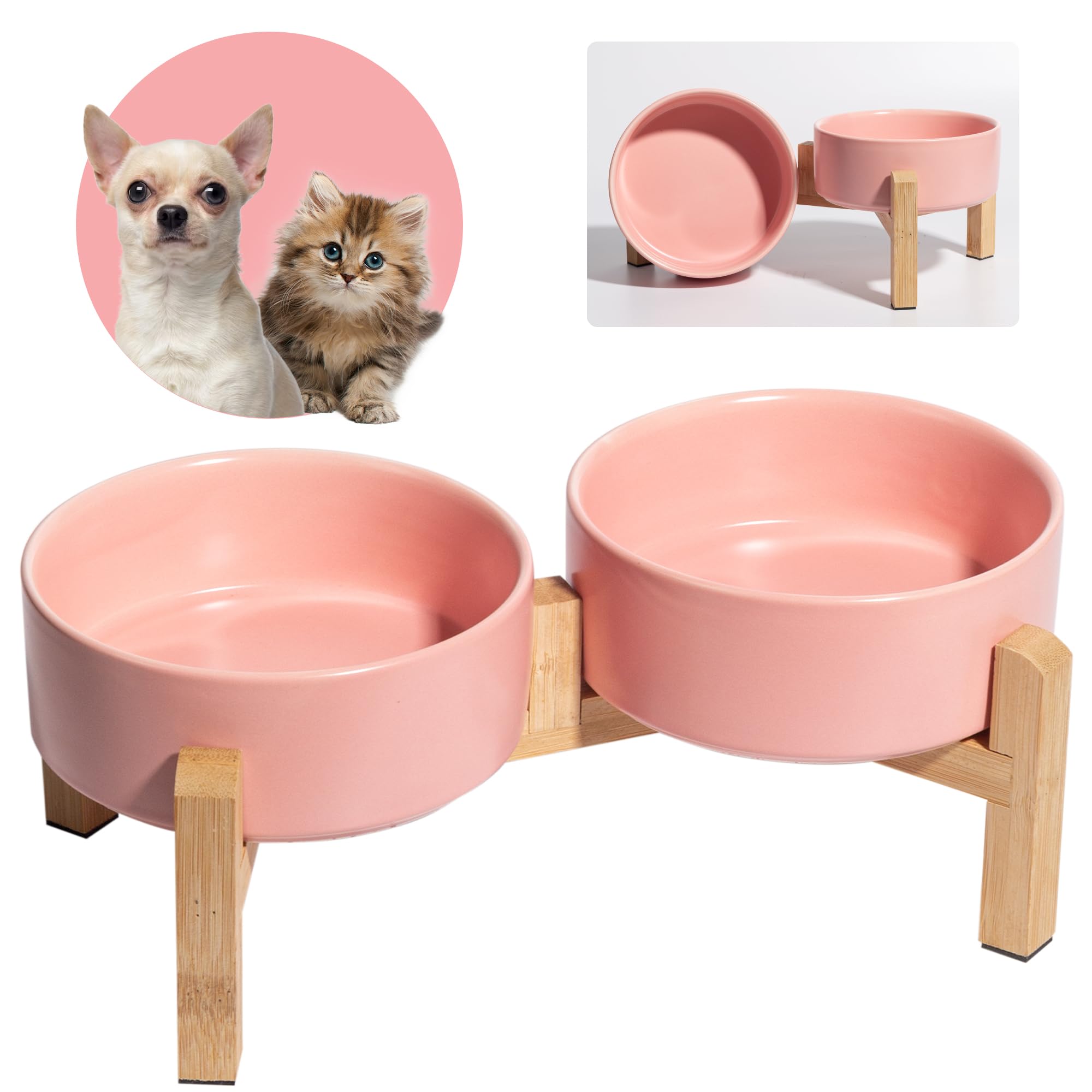 Photo 1 of Elevated Ceramic Dog Bowl Set - Raised Feeding Bowls with Non-Slip Bamboo Stand - Small Pet Dishes for Food and Water - Ideal for Cats and Puppies - 16.23 OZ - 2 Cups - 480 ML