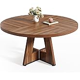 LITTLE TREE Round Dining Table for 4-6 People, 47 Inches Brown Dining Room Table with Wooden Pedestal Base, Farmhouse Dinner 