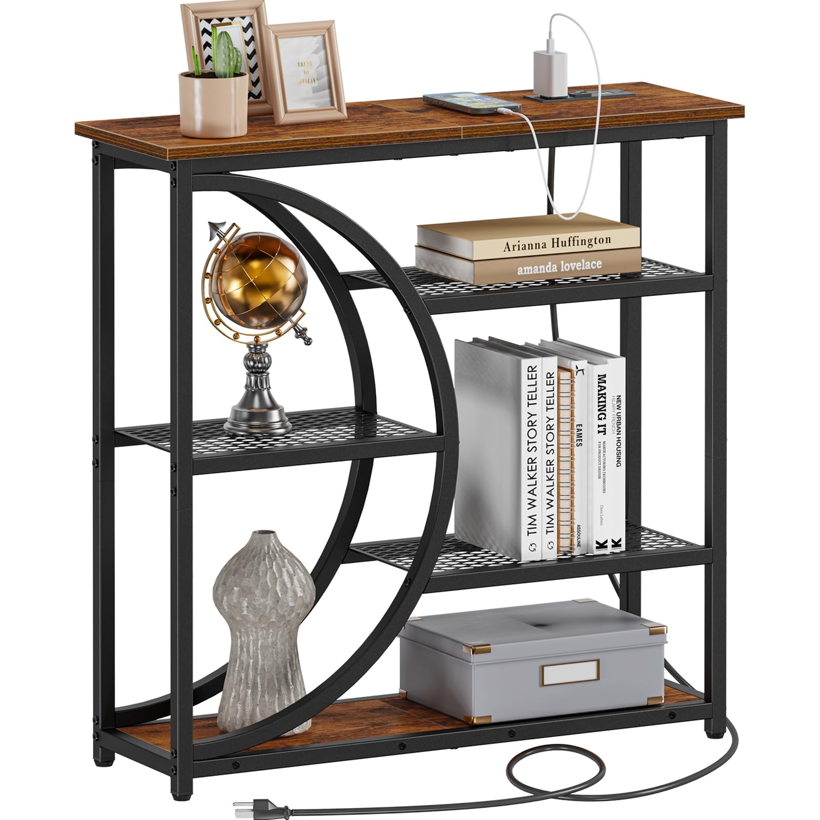 Photo 1 of Snughome Entryway Table, Console Table with Charging Station, Industrial Narrow Sofa Table with 5 Tier Storage Shelves, Entrance Table for Hallway, Behind The Couch, Living Room, Foyer