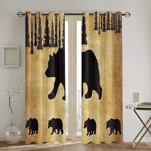Amazon 遮光遮熱カーテン 動物の黒いクマの素朴な小屋の野生生物の設計の母くまおよび4つのかわいい赤ん坊のくま 高級感 寝室 2枚組シンプル セット 260 180cm カーテン オンライン通販