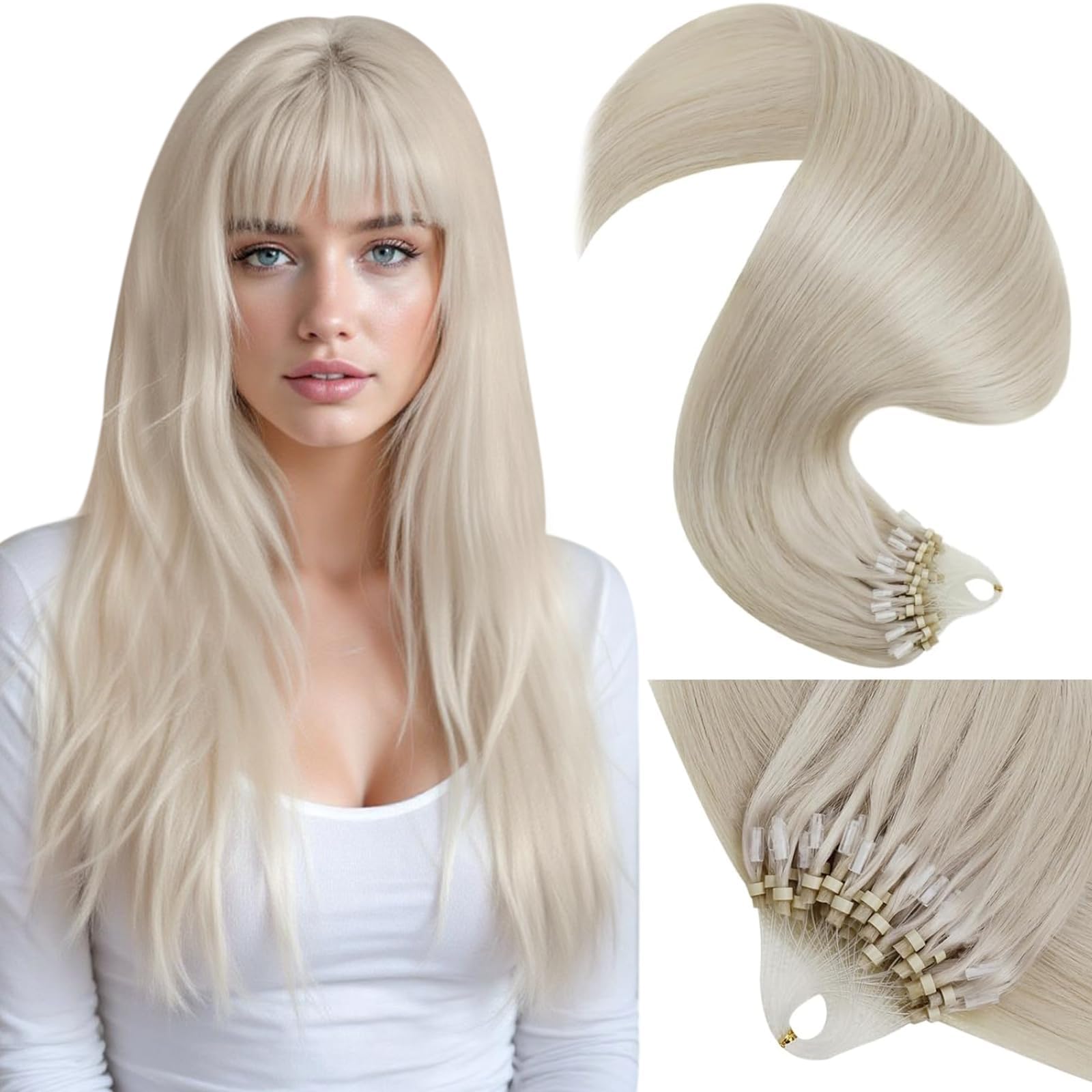 LaaVoo Blonde Micro Beads Hair Extensions Real Human 22 Inch Remy Straight White Blonde Invisible Micro Loop Hair Extensions 50g 50s #60 — image 1