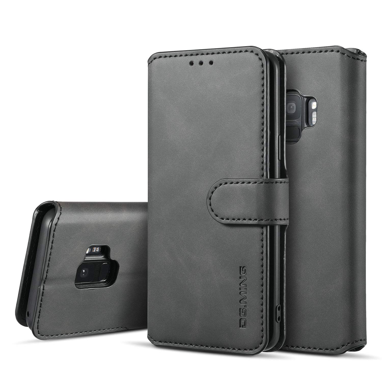 UEEBAI PU Leather Case for Samsung Galaxy S9, Vintage Retro Premium Wallet Flip Cover TPU Inner Shell [Card Slots] [Magnetic Closure] Stand Function Folio Shockproof Full Protection - Black