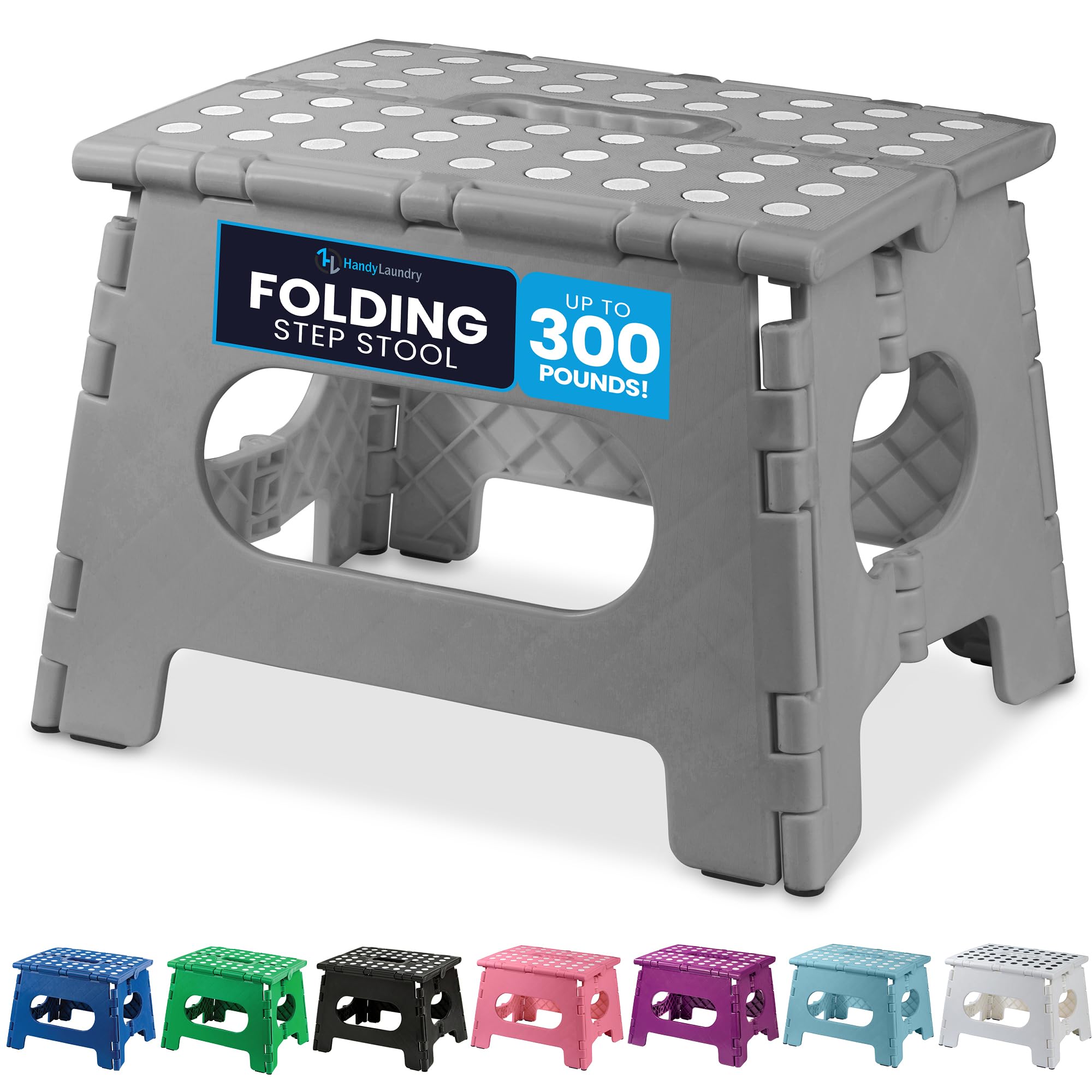 Handy Laundry Folding Lightweight Step Stool - Sturdy Enough to Support Adults and Safe Enough for Kids - Opens Easy with One Flip - Great for Kitchen, Bathroom or Bedroom (Grey - 9 Inch)