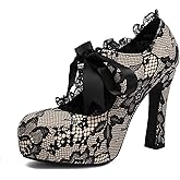 Elerhythm Women's Lace Flower Mary Jane Punk Closed Toe Prom Costume Elegantes Gothic Pumps Vintage Sweet Platform High Heels Shoes