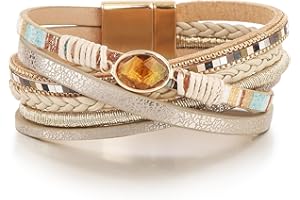 Edoneery Leather Wrap Bracelet for Women, Boho Handmade Multi-Layer Cuff with Crystal Beads Heart, Stackable Bangle Western Jewelry Gift