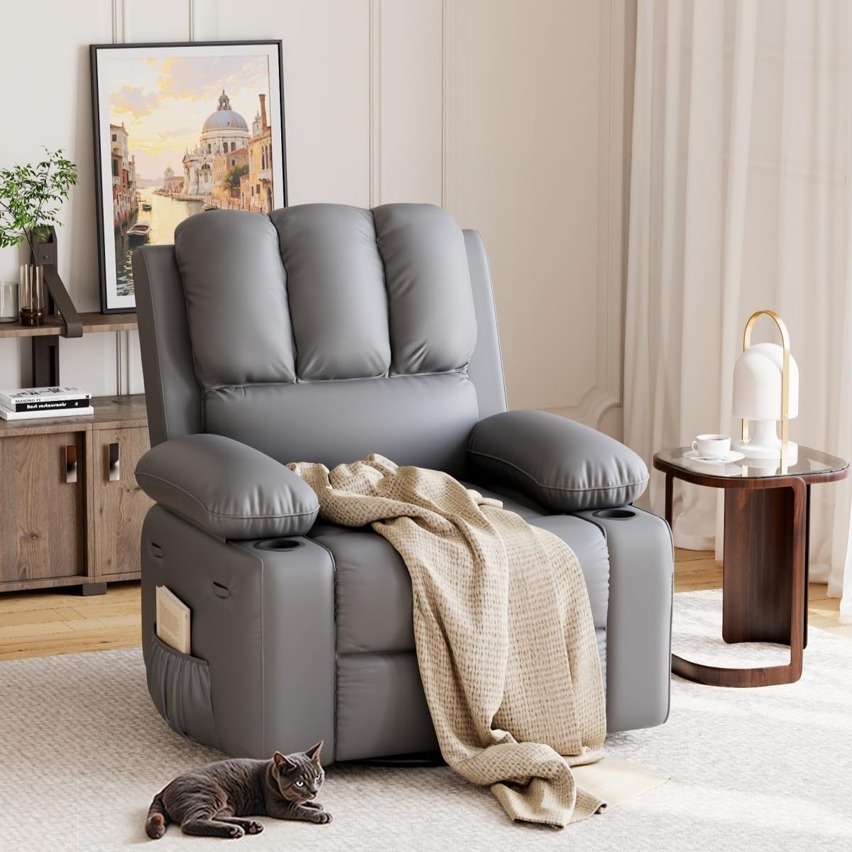 Photo 1 of GarveeHome Oversized Recliner Chairs with Heat and Massage - 360° Swivel Lazy Recliner Chair for Adults- Manual Rocking Chair with Cup Holder for Living Rooms, Bedrooms and Nurseries - Grey