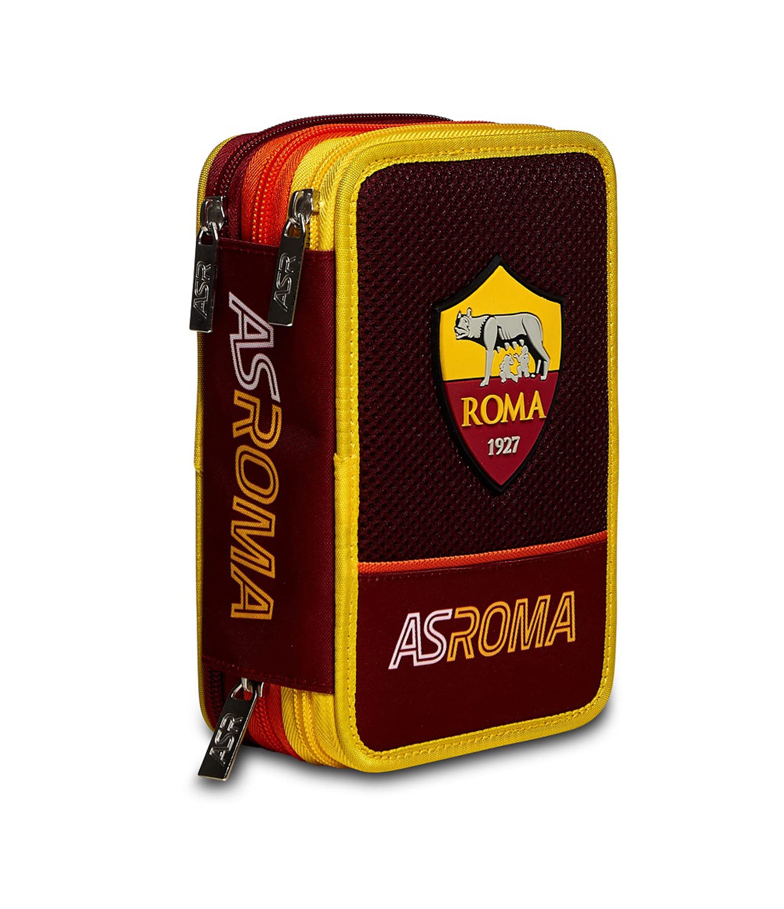 Seven S.P.A. A.S. Roma Calcio 3-Zip Case, Yellow Red, Complete with Pencils, Markers Etc, School 3 Compartments