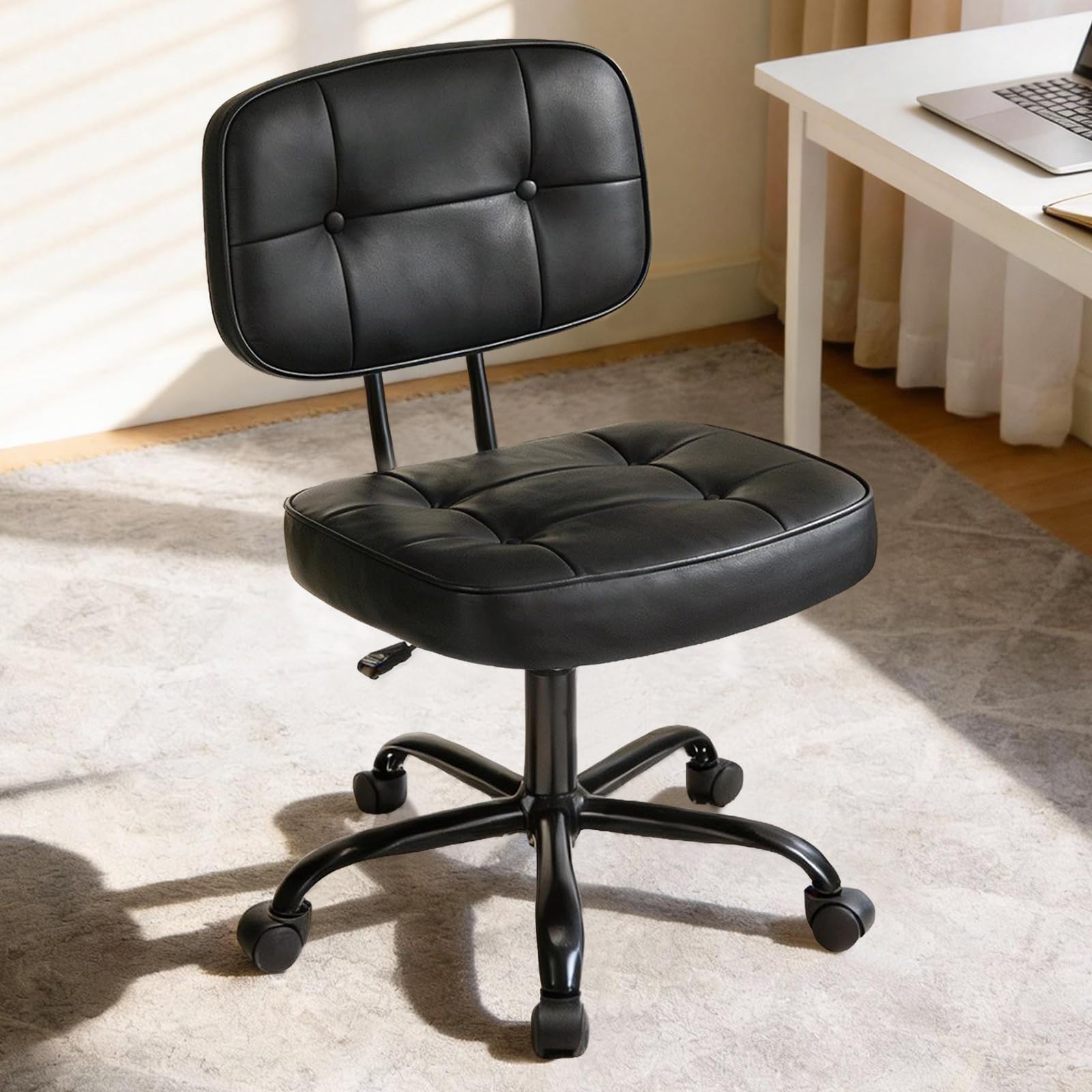 DUMOS Home Office Desk Chair - Ergonomic Armless PU Leather Computer Rolling Task Chair，with Comfy Lumbar Support and Height Adjustable, Vanity, Bedroom, Black Image