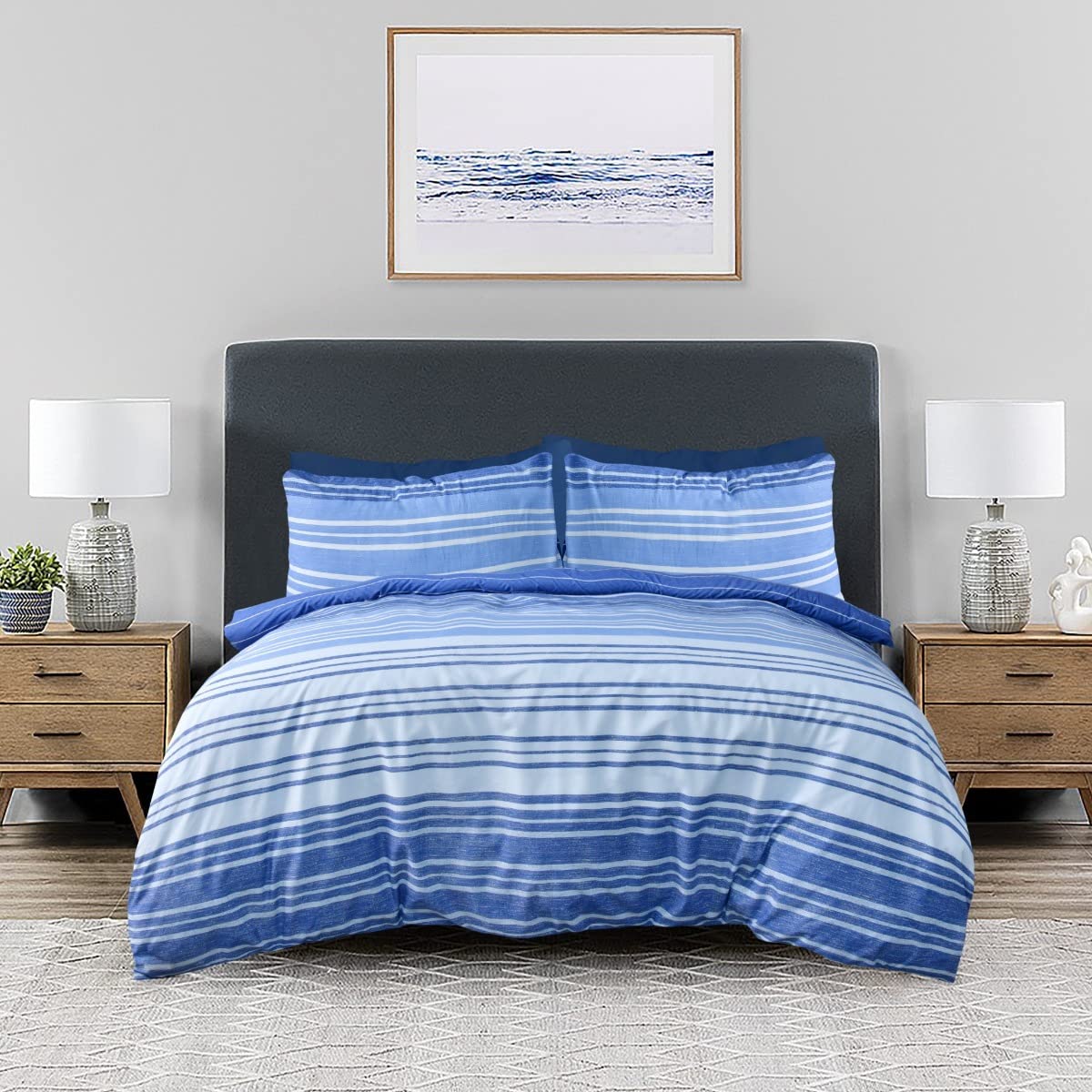 Sleepdown Textured Stripe Navy Blue White Soft Easy Care Cosy Reversible Duvet Cover Quilt Bedding Set with Pillowcases - King (230cm x 220cm)