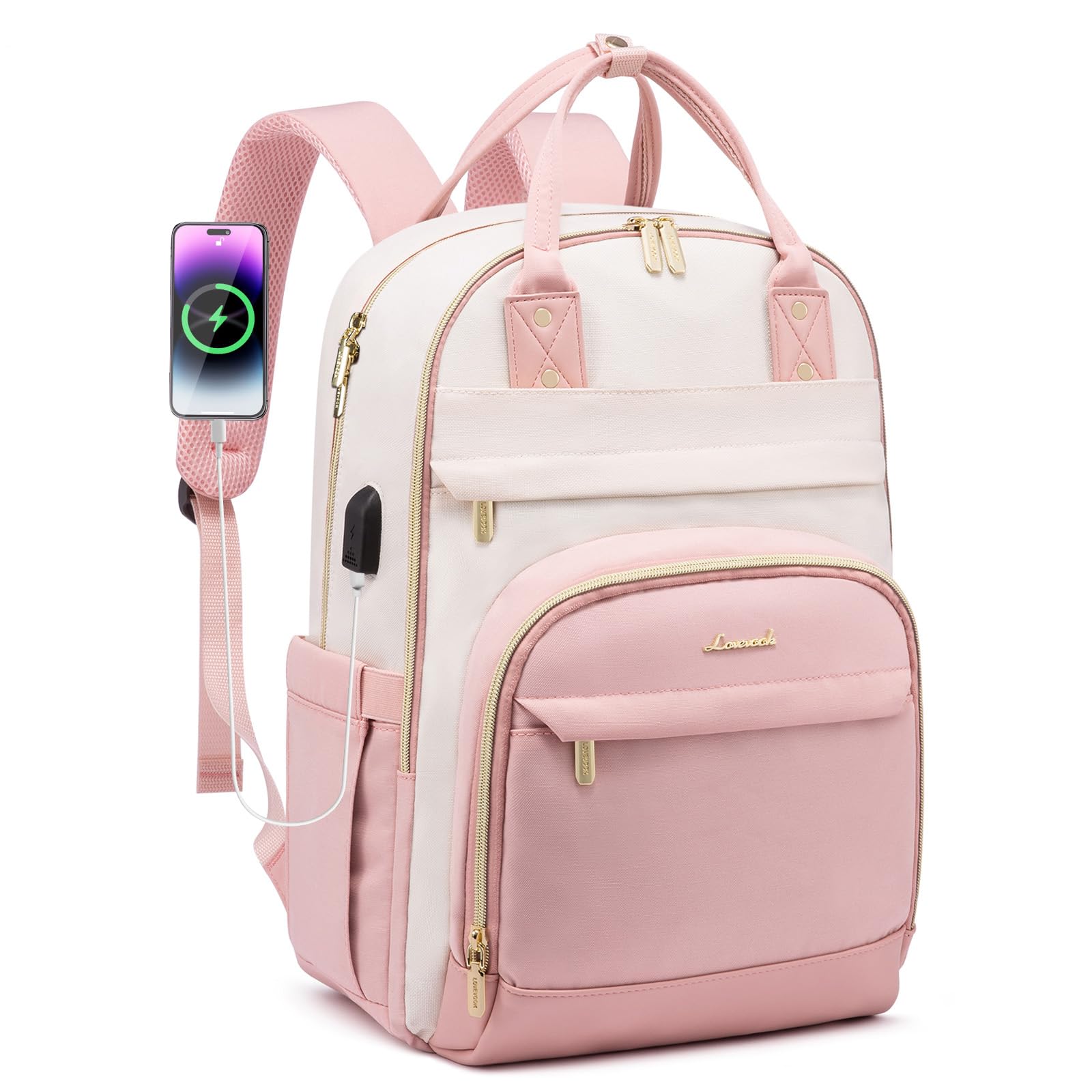 LOVEVOOK Laptop Backpack Women 15.6 inch, Waterproof Rucksack Bag for Ladies with Anti-theft Zipper & USB Port, Smart Laptop Bags College Backpack Womans for Work Uni Travel Teacher Student Pink — image 1