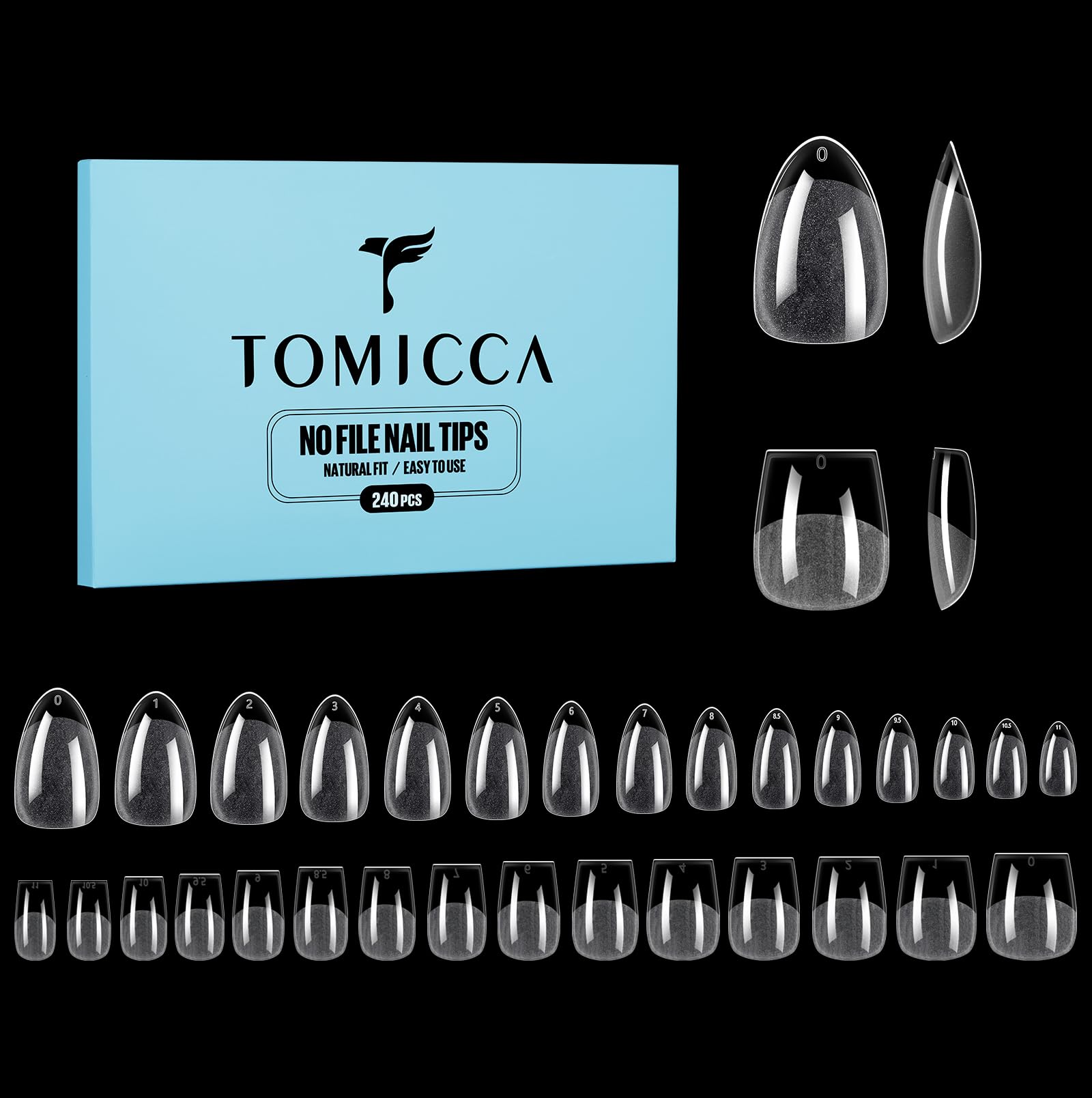 TOMICCA 240Pcs Short Almond & Coffin Nail Tips - Clear Matte Acrylic Full Cover False Nails with No-File Gel Tips | 15 Sizes Soft Soak-Off Extensions for Home Manicure — image 1