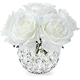 rubystory 7 Large Stem Rose Artificial Flowers in Vase, Silk Flowers Arrangement in Round Glass Vase Without Water for Home Decor, Wedding Table (Cream)