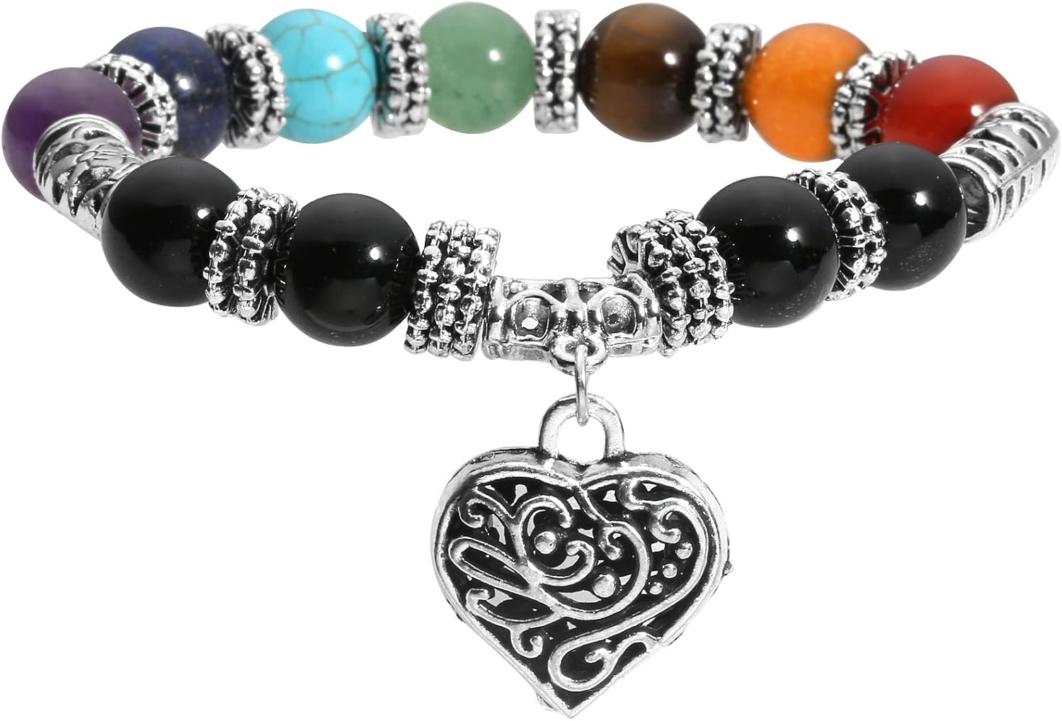 MILAKOO 2 Pcs 10MM Beads Yoga Reiki Healing Bracelet 7 Chakra Beads Hollow Heart Charm Wristband, A: 7 Chakra & Heart, 7.5 inches - Image 5