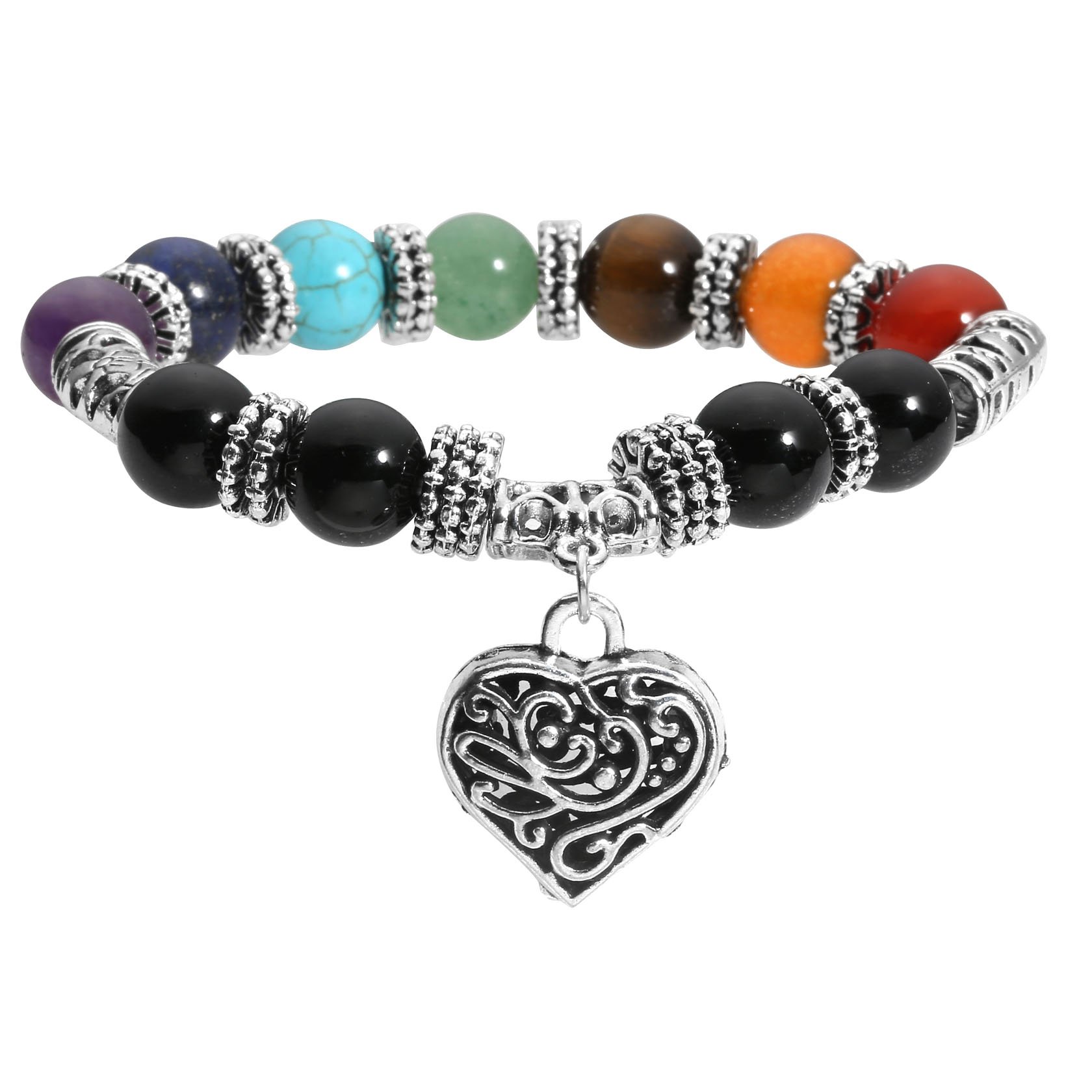 MILAKOO Pulsera con cuentas de piedra de equilibrio curativo de 7 chakras de 10 mm, pulseras con dijes de corazón para yoga y reiki