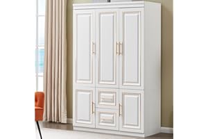 VivaVista White Armoire Wardrobe Closet with 3 Doors Wooden Bedroom Armoires Clothes, Wood Wardrobe Closets Storage Cabinet with Hanging Rod Shelves Drawers Closets