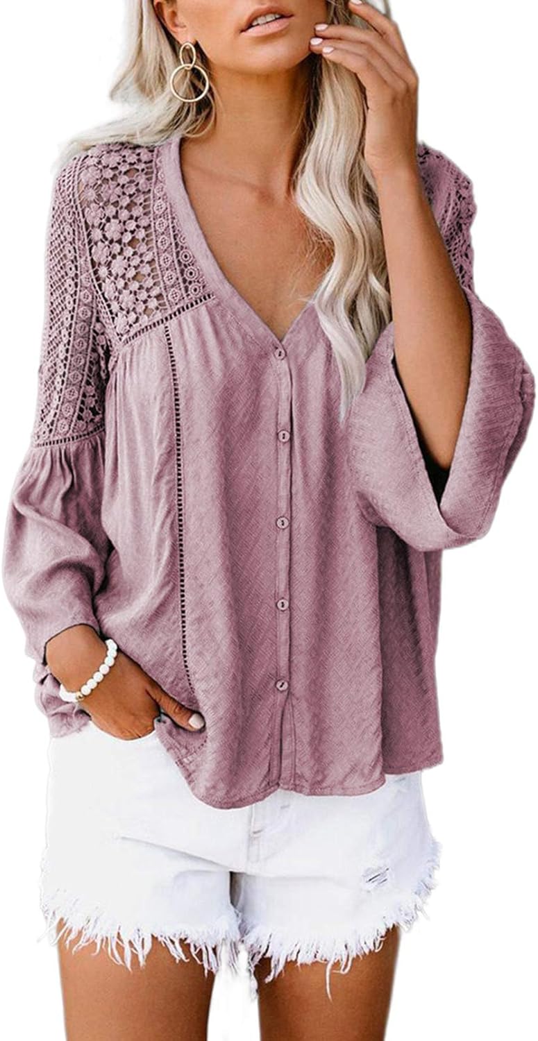 Aleumdr Women's Lace Crochet V Neck 3/4 Sleeve Button Down Blouses Casual Shirts Tops at  Women’s Clothing store