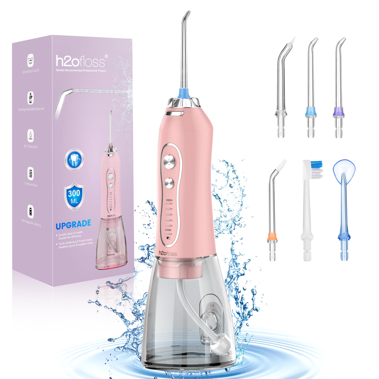 Photo 1 of Water Dental Flosser Teeth Cleaner Pick, H2ofloss Cordless Portable Oral Irrigator,5 Mode IPX7 Waterproof Teeth Picks 300ML Rechargeable WaterFlosser for Home Travel (Pink)