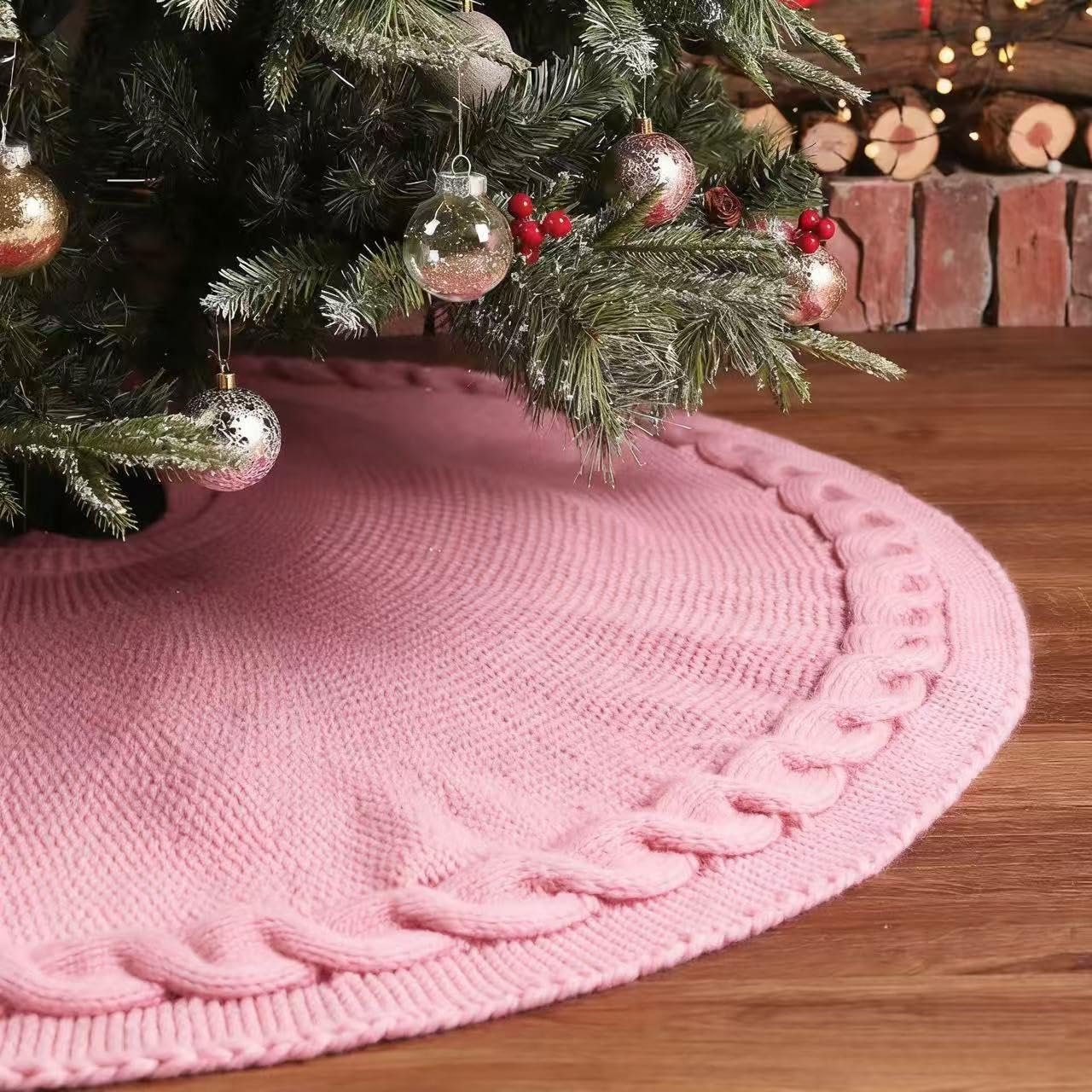 Photo 1 of 36-Inch Christmas Tree Skirt, Twisted Tie-Belt Knit Tree Skirt, Retro Rustic Farmhouse Christmas Decor, Round & Substantial, Fits 4-6 FT Xmas Trees, Perfect for Parties, Holiday Home Decor(Pink)
