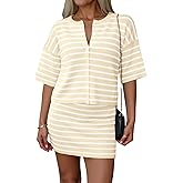 Saodimallsu Womens Two Piece Skirt Set Summer Striped Knit Short Sleeve Button Cardigans And Mini Skirt Lounge Set