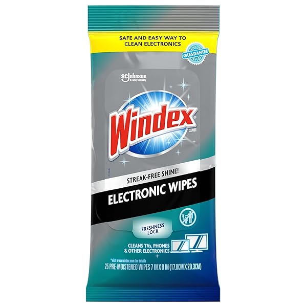 WINDEX ELECTRONIC CLEANING WIPES, PRE-MOISTENED SCREEN WIPES FOR TVS, PHONES, AND OTHER ELECTRONICS, RESEALABLE FOR A FRESHNESS LOCK, 25 COUNT