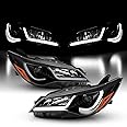 AmeriLite Glow LED Tube Projector Halogen Headlights Assembly Pair For 2015-2017 Toyota Camry Sedan - Passenger and Driver Side, Vehicle Light Assembly, Black