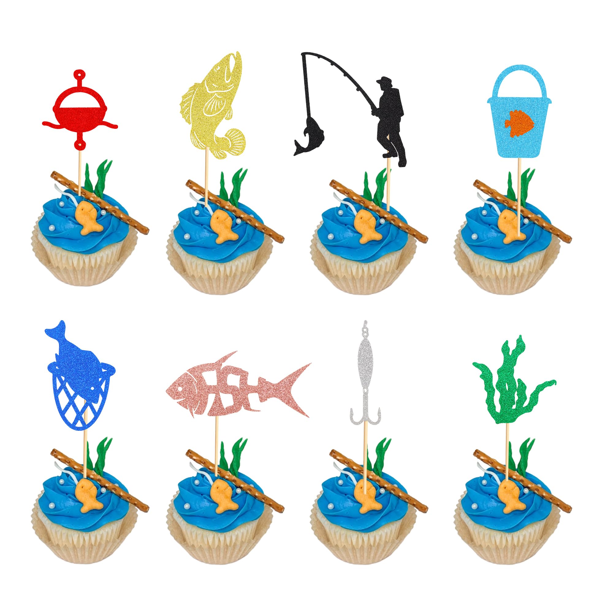 Photo 1 of Arthsdite 24Pcs Fishing Cupcake Toppers Happy Birthday Cupcake Decoration Colorful Gone Fishing Cake Decor Fishman Fishing Pole theme for Men Women Bday Celebration Event Anniversary Party Supplies