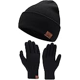Winter Warm Beanie Hat Touchscreen Gloves Set, Soft Skull Cap Gloves Set for Men and Women with Warm Knit Fleece Lined