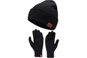 FZ FANTASTIC ZONE Winter Warm Beanie Hat Touchscreen Gloves Set, Soft Skull Cap Gloves Set for Men and Women with Warm Knit Fleece Lined