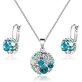EVEVIC Austrian Crystals Round Disc Pendant Necklace Earrings for Women 14K Gold Plated Hypoallergenic Jewelry Sets
