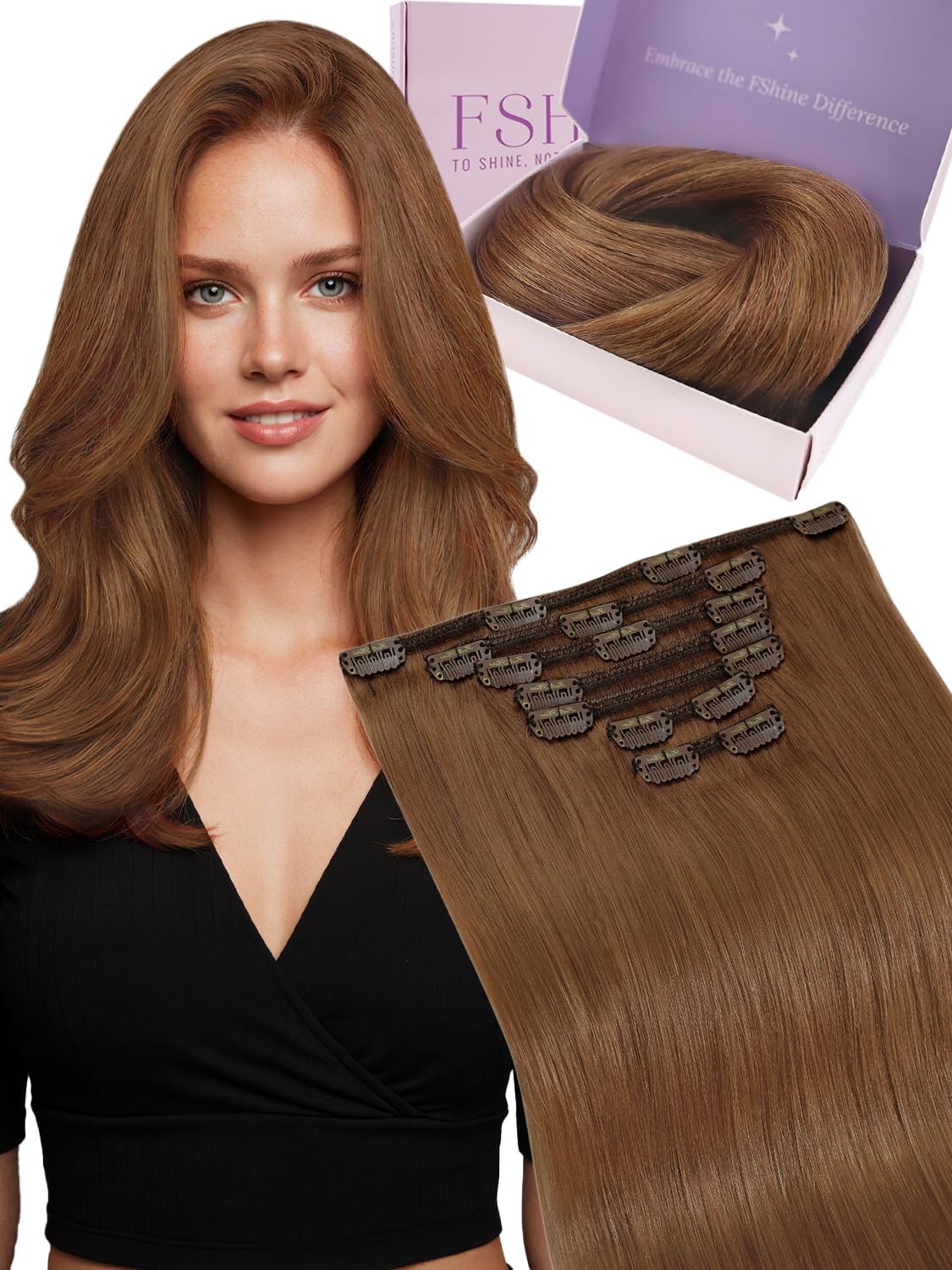 Fshine Clip in Hair Extensions Human Hair Copper Hair Extensions 18 Inch 120 g 7 pcs Color 330 Natural Straight Hair Extensions for Women Real Human Hair