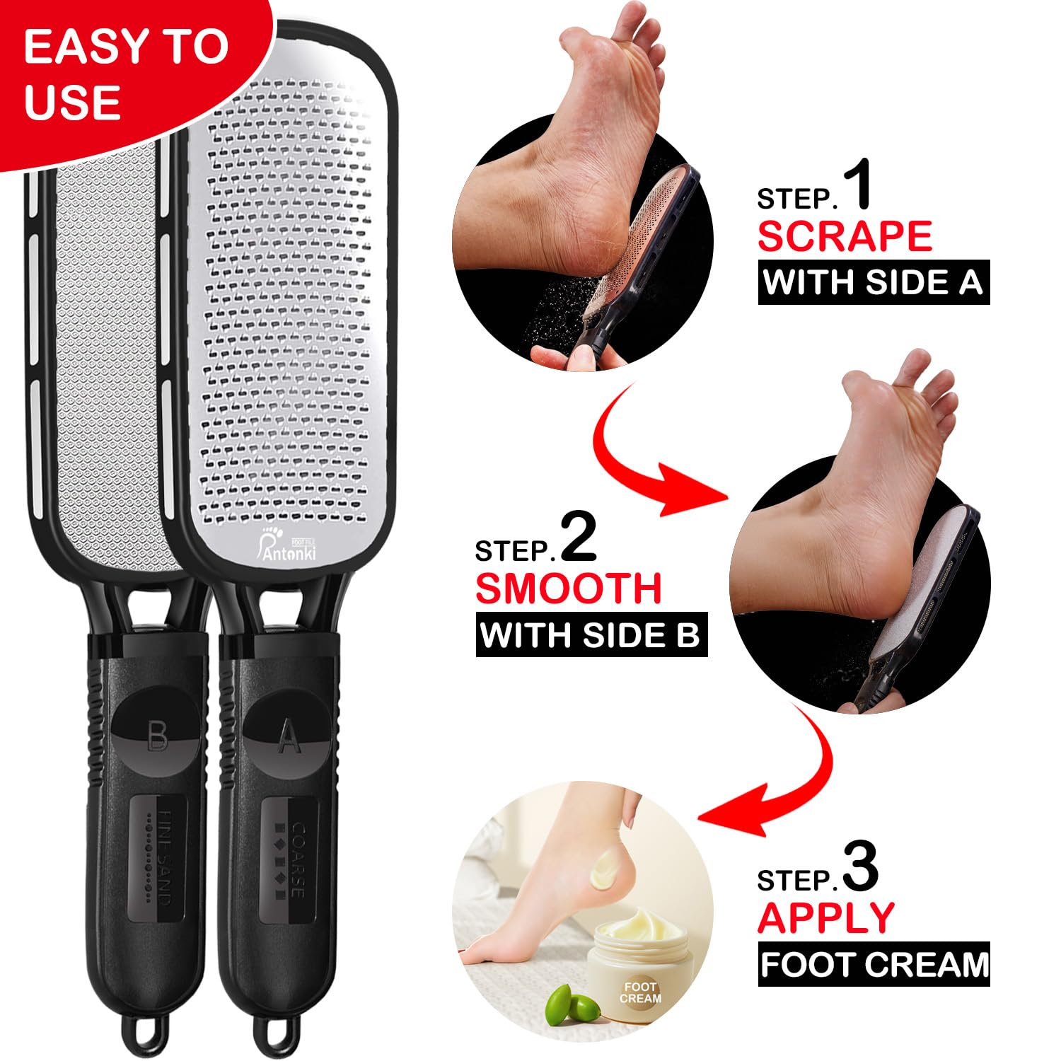Antonki Foot File for Dead Skin, Double Sided Callus Remover for Feet, Metal Foot Scrubber for Cracked Heel, Professional Foot Scraper Rasp Pedicure Tool to Remove Hard Skin - 2 in 1 Foot File