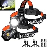 Headlamp Rechargeable 2Pack, Head lamps led rechargeable, Adjustable Focus Headlight Outdoor, 4Mode Head Lights for Forehead, 90°Angle LED Headlamp, Waterproof Headlamps for Adults Camping Hard Hat