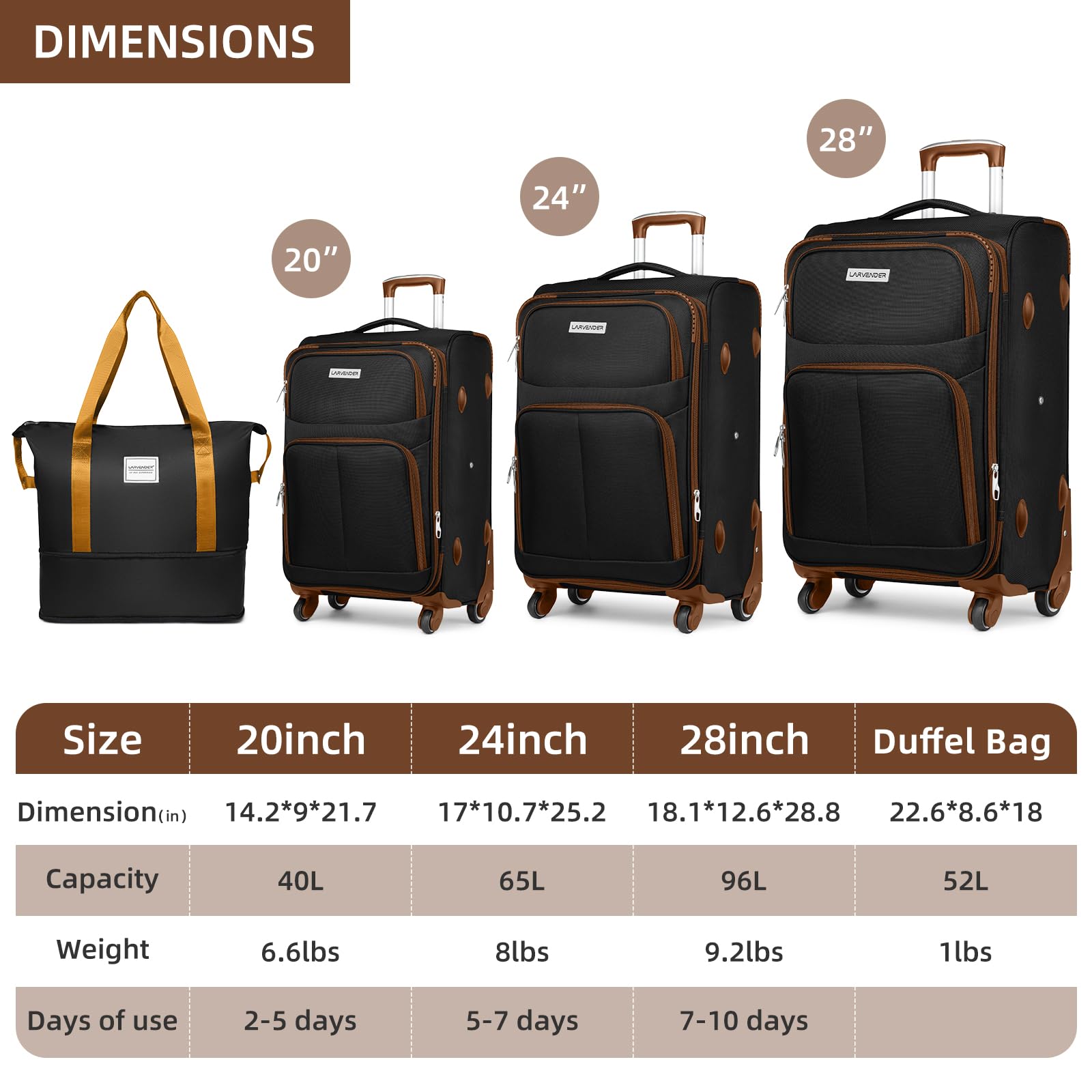LARVENDER Luggage Sets 5 Piece Softside Expandable Suitcases Set with Spinner Wheels TSA Lock, Lightweight Soft Shell Rolling Travel Luggage Set Clearance for Men and Women, Black Brown