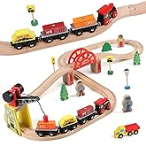 Joqutoys Wooden Train Set for Toddler - 39 Pcs Wooden Train Track Set for Kids with Crane, Bridge - Premium Wood Train Toys f