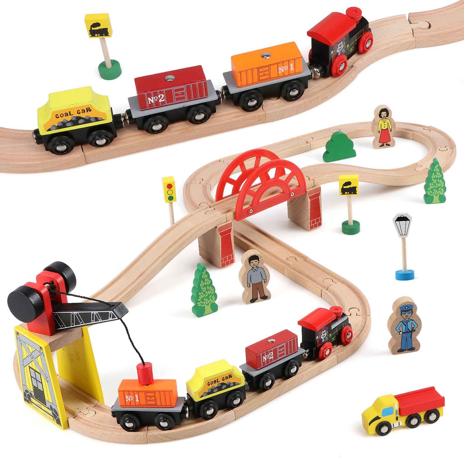 KABENFIS Wooden 39 Pcs Train Tracks Toys with Crane Bridge and Wooden Railway Tracks Toys for Kids