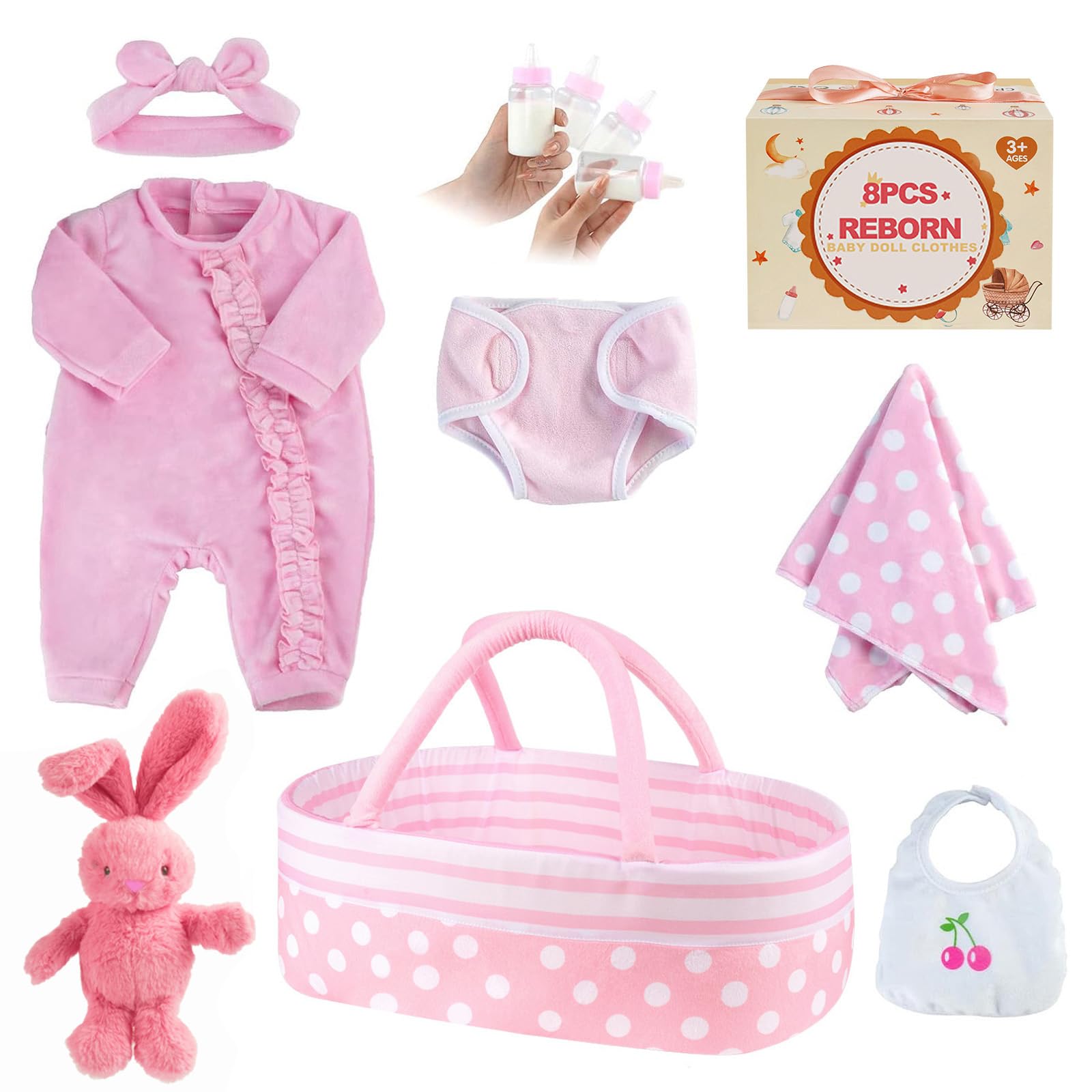 BABESIDE 8 Pieces Reborn-baby Doll Clothes 17-22 In with Bassinet Doll Clothes Accessories Newborn Doll Clothes (17-22 In pink doll clothes accessories)
