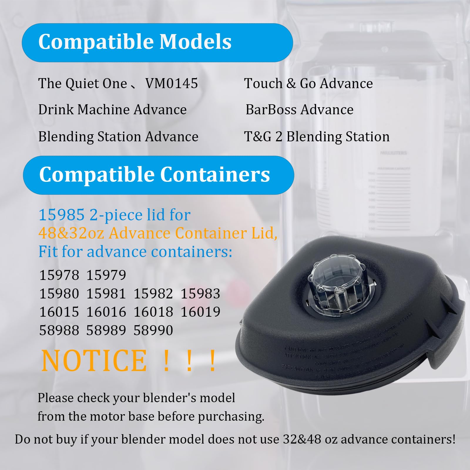 Blender Replacement Lid Compatible with Vitamix Quiet One Pitcher 48 & 32 Oz,VM0145,BarBoss Blender Pitcher,15985 2-Piece Lid for Advance Container 15978 VM0145 VM0149 VM0127 36019 16016 15981 VM0100a