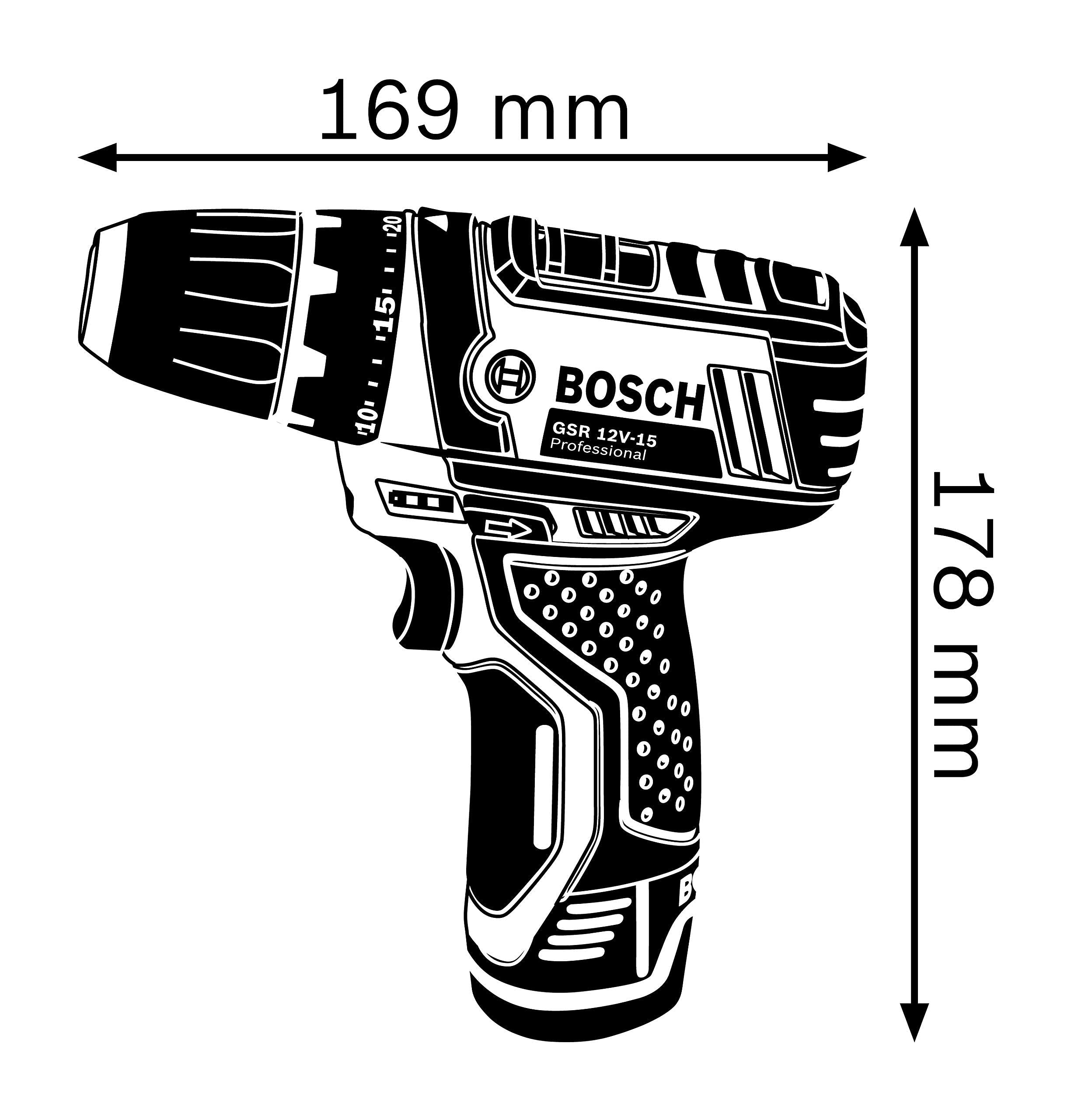 Bosch Professional Battery drill GSR 12-2-LI with 39 PCs. Accessory Set, 2x battery 2,0 Ah, Charger in Bag, 12 V