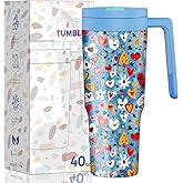 40oz Tumbler with Handle and Straw & Handle - Vacuum Insulated Cup, Leakproof Vacuum Cup for Travel/Gym/Office/Car, Keeps Cold 24 Hours, Includes Tea Filter (304 Steel, Gift Ready) (Blue Flower)