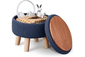 Wimarsbon Storage Ottoman, Modern Round Footrest with Soft Padded Seat, Teddy Velvet Footstool with Wood Legs, Accent Small T