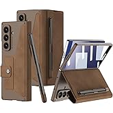 DEMCERT for Samsung Galaxy Z Fold 7 Case with [ Pen ], Armor Full Body Protective [Removable Pen Slot], Anti-Scratch Hard Slim Leather Bracket Case with Screen Protector (Brown)