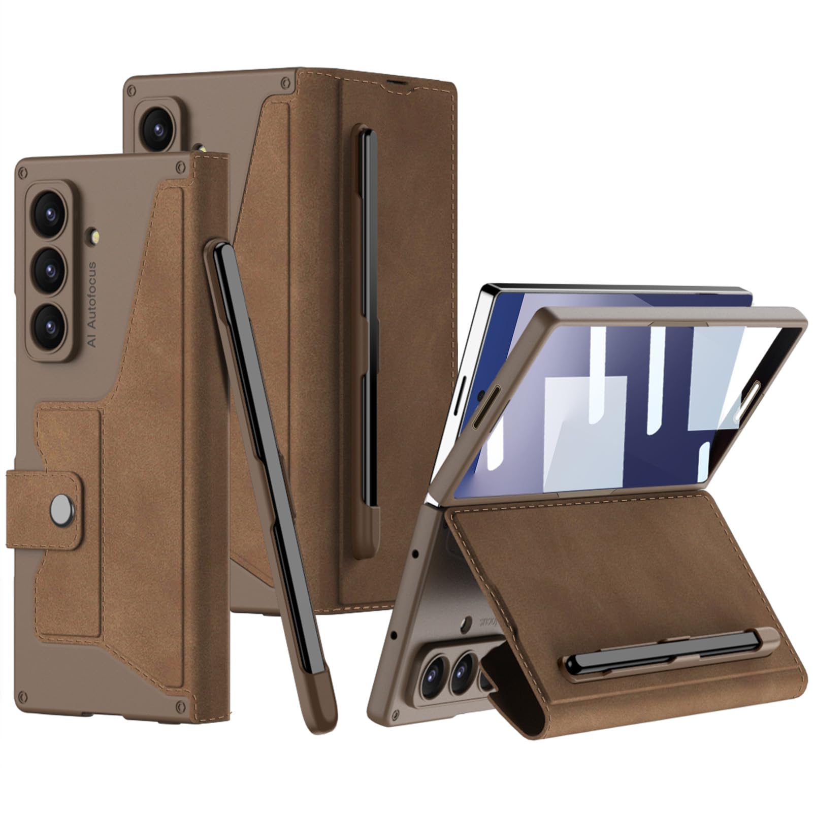Photo 1 of DEMCERT for Samsung Galaxy Z Fold 7 Case with [ Pen ], Armor Full Body Protective [Removable Pen Slot], Anti-Scratch Hard Slim Leather Bracket Case with Screen Protector (Brown)